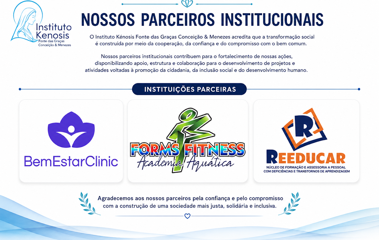 Instituições parceiras que colaboram com o Instituto Kénosis por meio de Termo de Cessão Gratuita de Espaço, contribuindo para o desenvolvimento de projetos sociassistênciais, ações de interesse social e administração